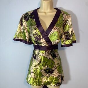 Russell Kemp green and purple satin babydoll kimono short sleeve blouse size 10